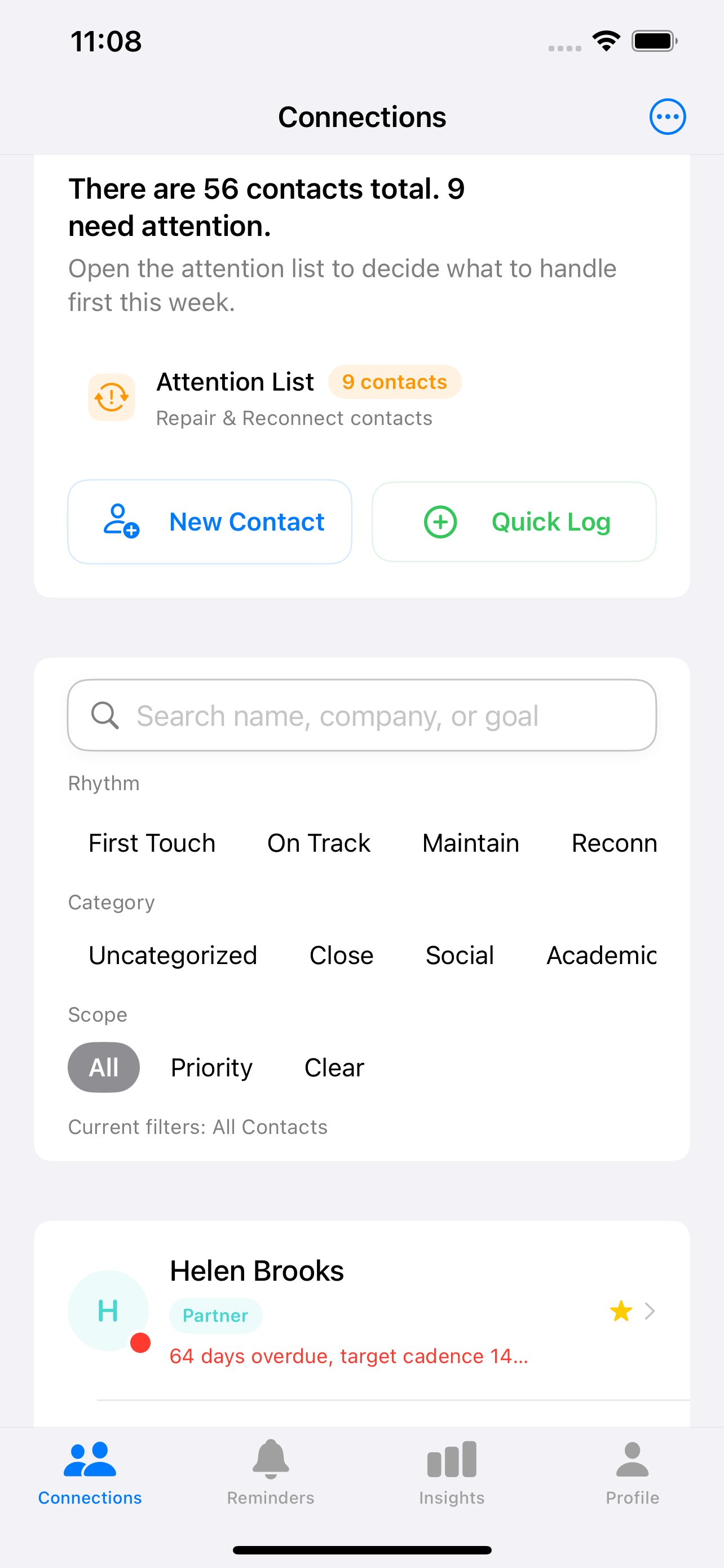 Amitia Connections home showing attention summary, contacts, and quick actions on iPhone