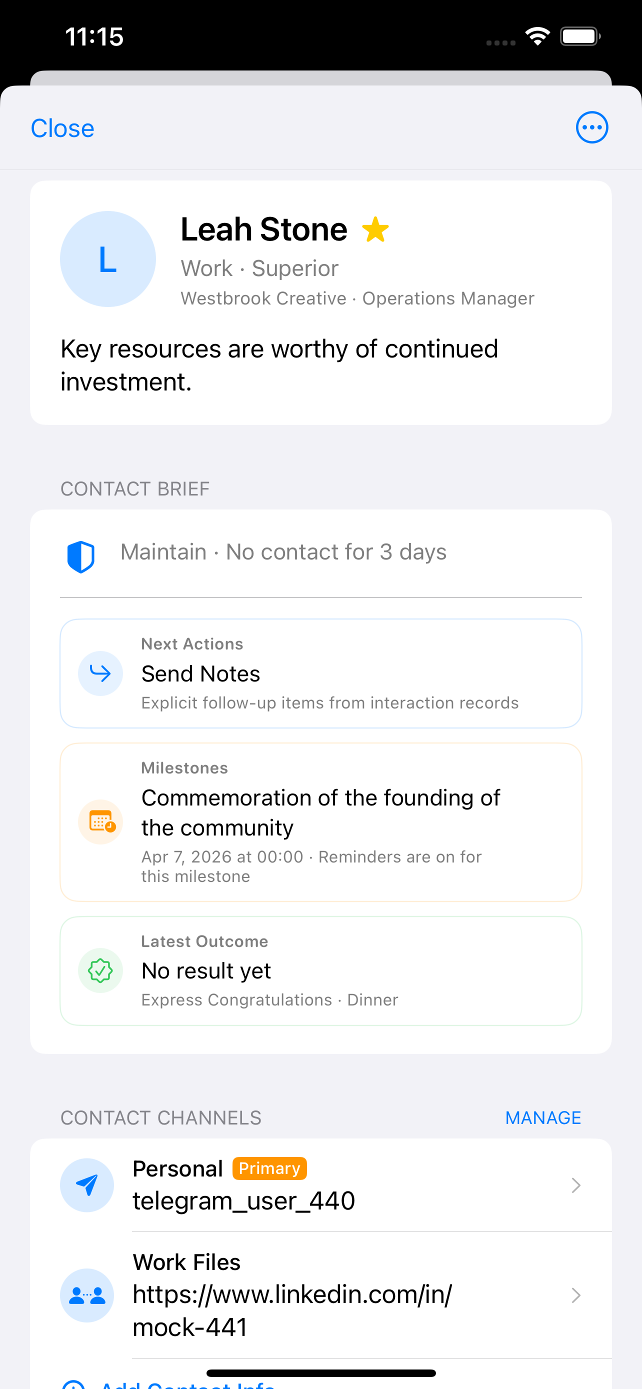 Amitia contact detail top section on iPhone