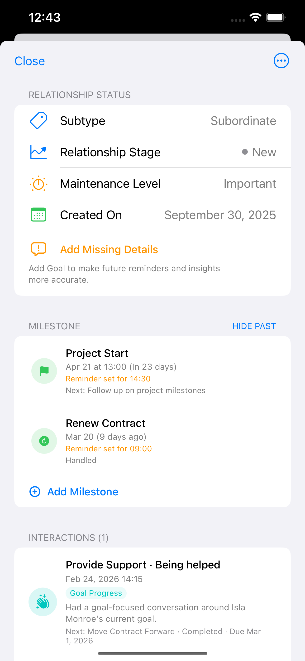 Amitia relationship fields and operating settings on iPhone