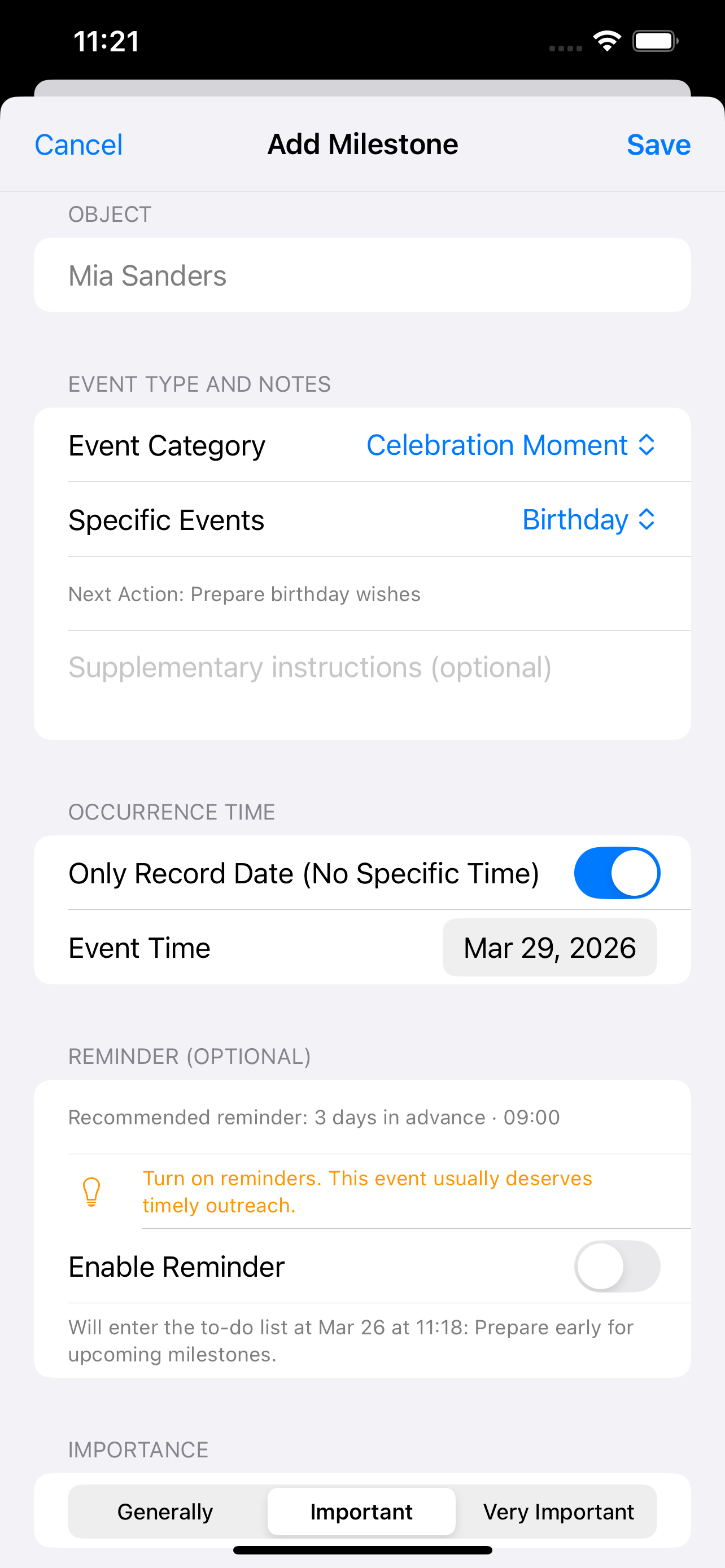 Amitia add milestone form
