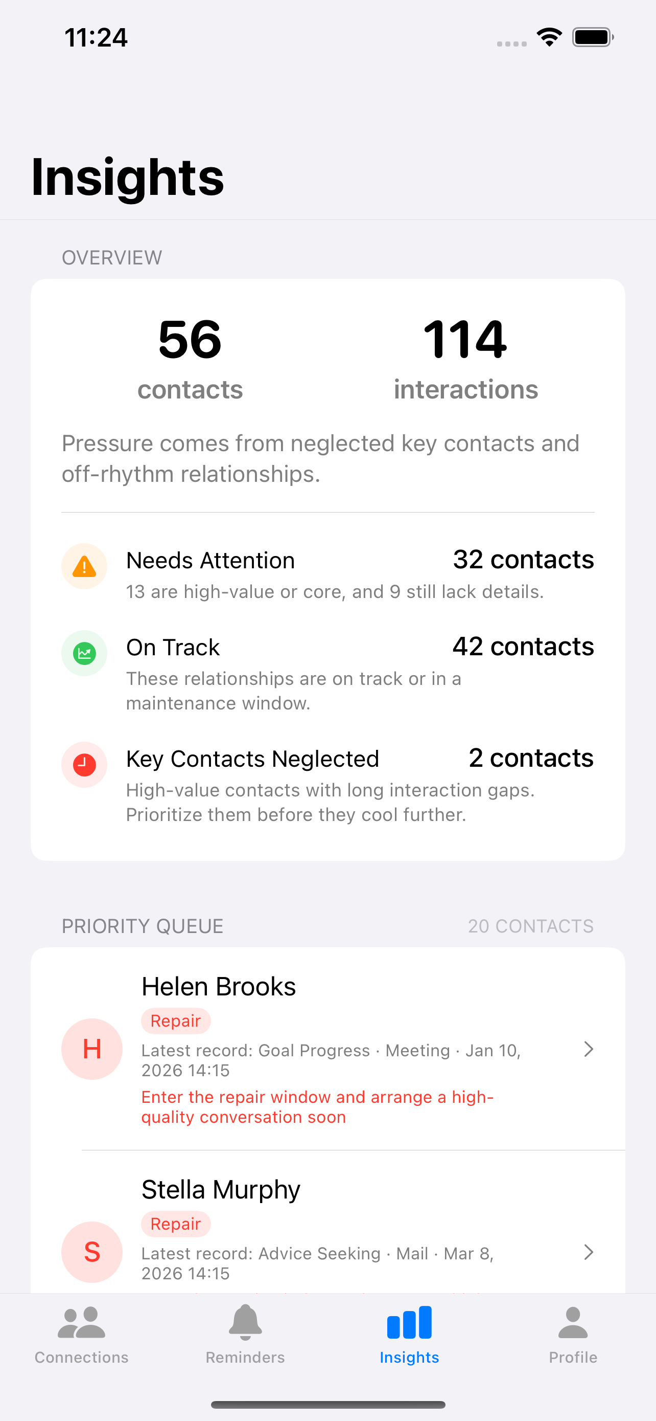 Amitia Insights overview on iPhone