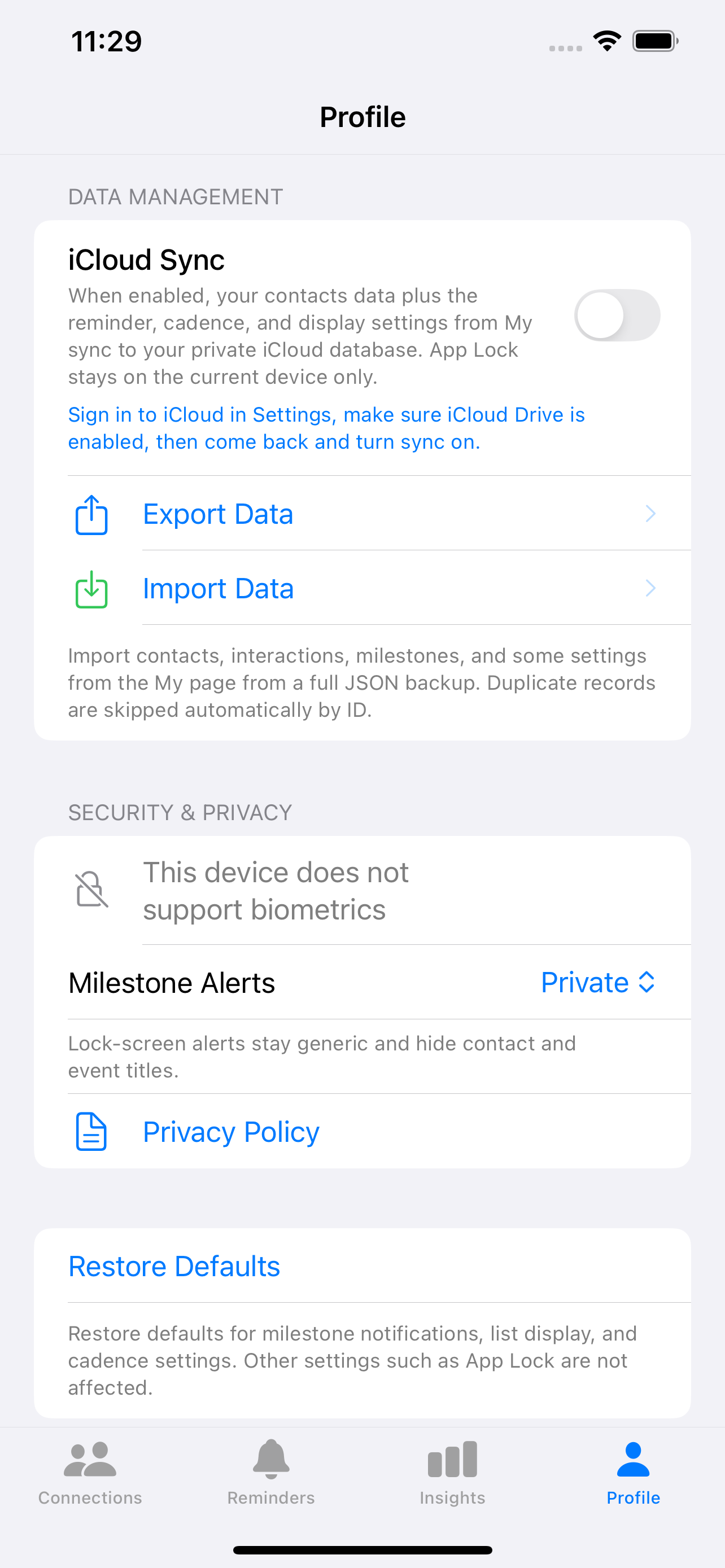 Amitia profile data management settings on iPhone