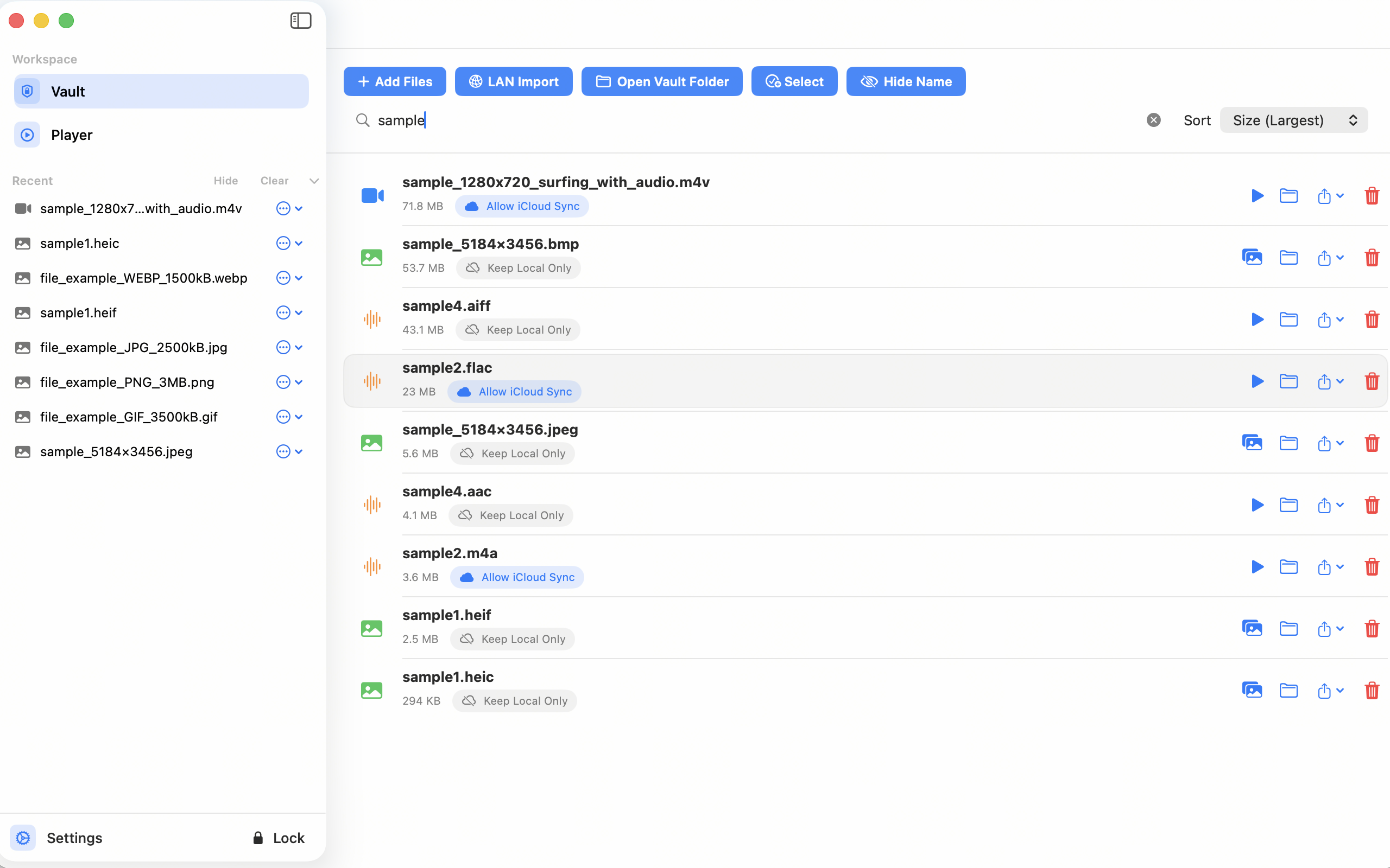 DeskVault main workspace showing vault library, player, and settings areas on macOS