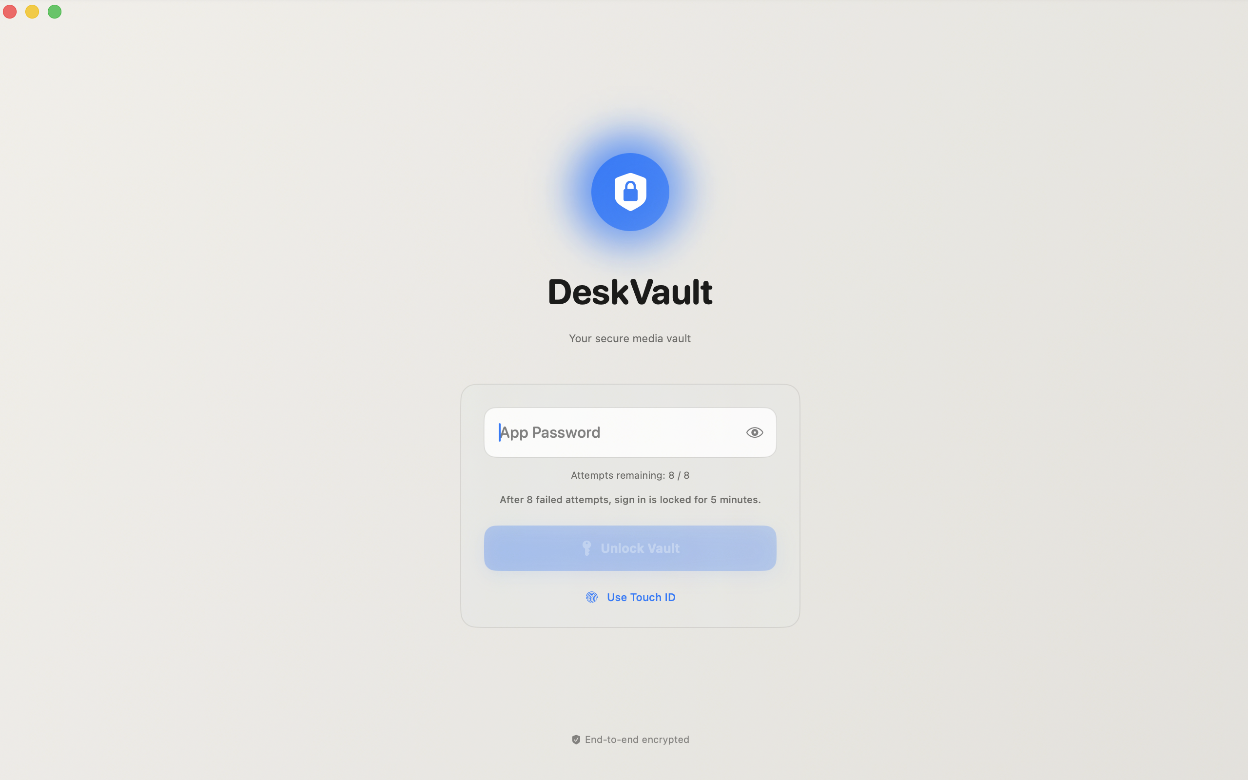 DeskVault lock screen showing password and Touch ID unlock on Mac