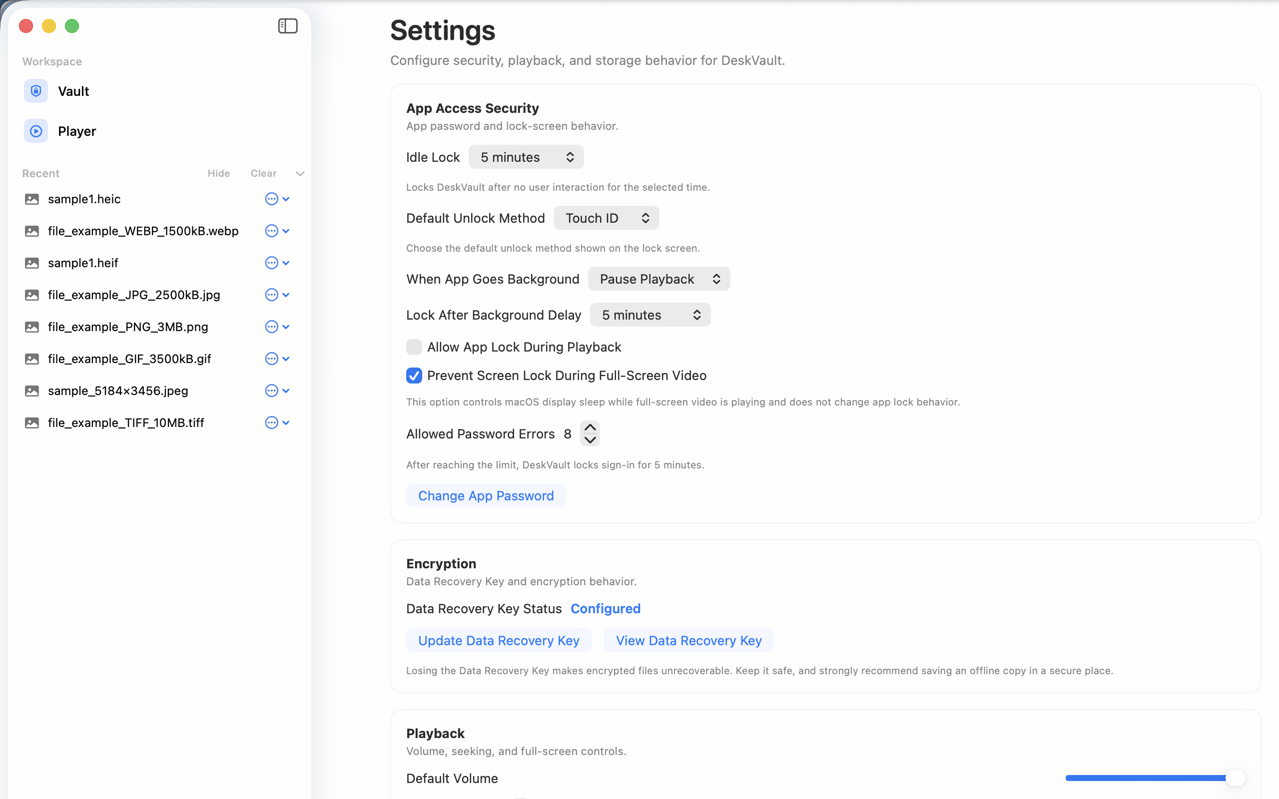 DeskVault security settings showing auto-lock and playback protection options