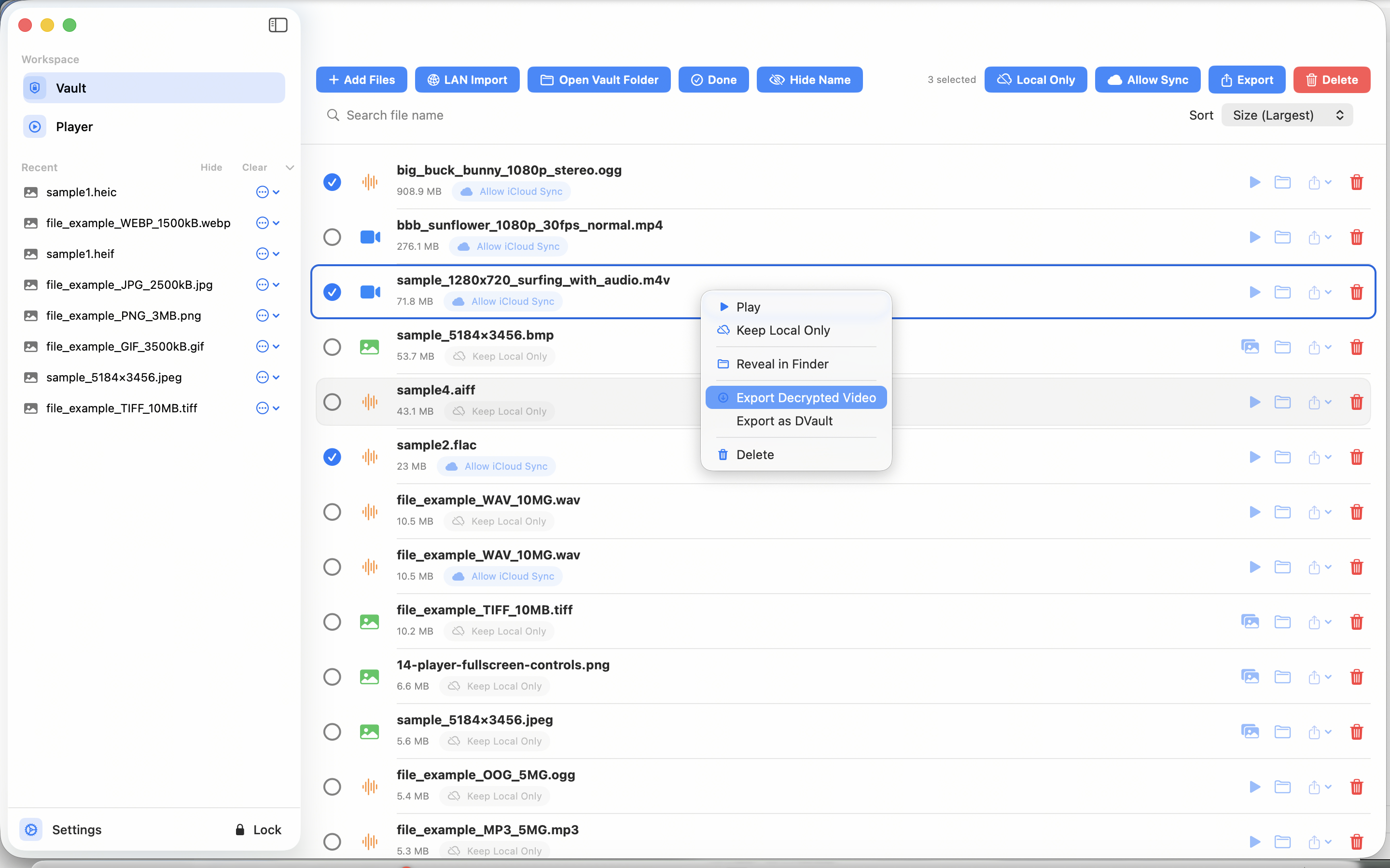 DeskVault vault library with search, sorting, and iCloud sync controls