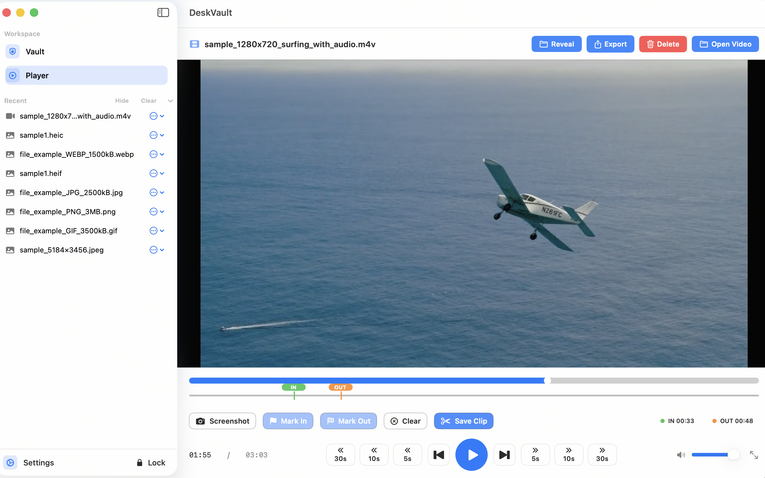 DeskVault player workspace for encrypted video with screenshot and clip actions