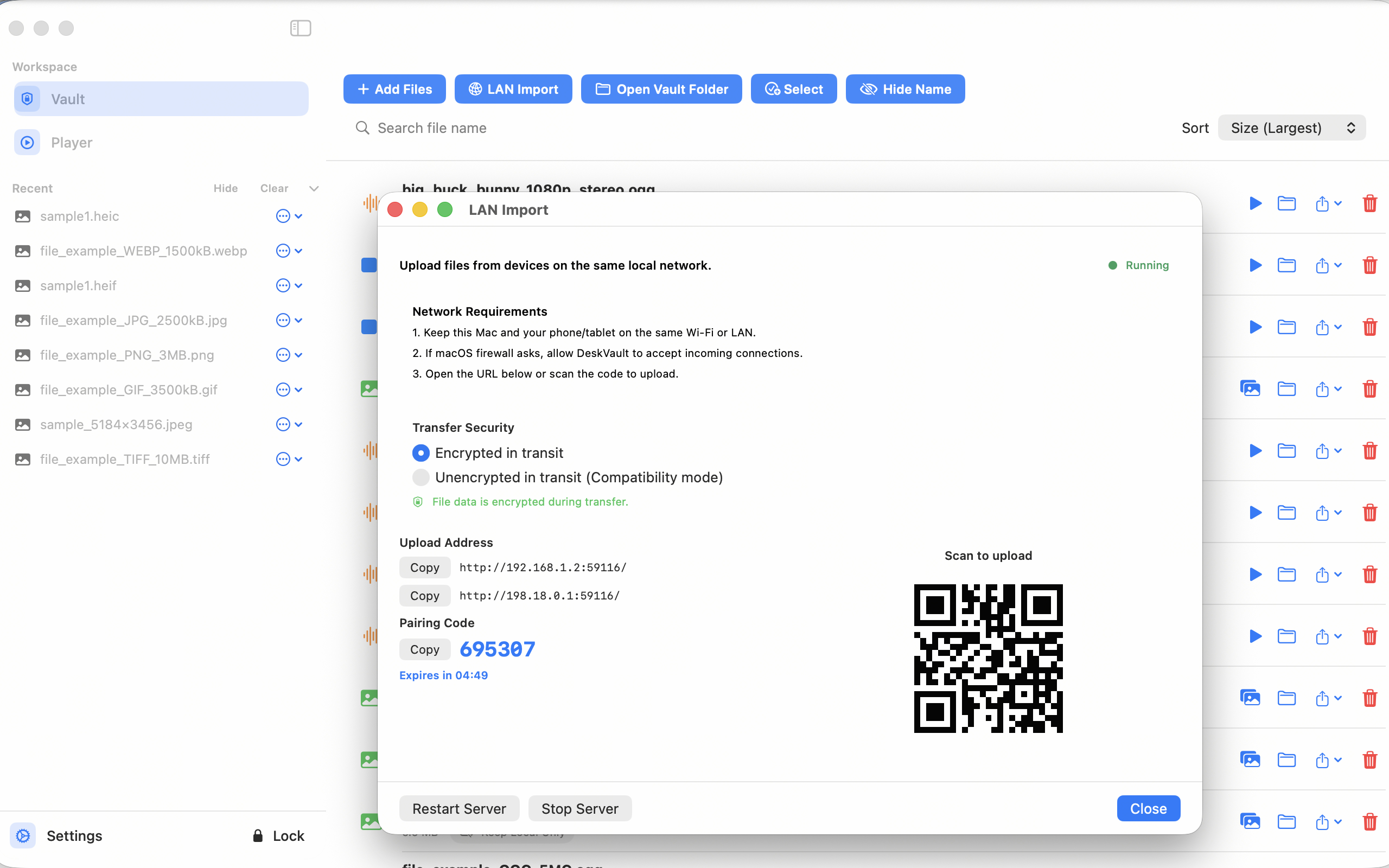 DeskVault LAN Import desktop screen with QR code, pairing code, and transfer activity