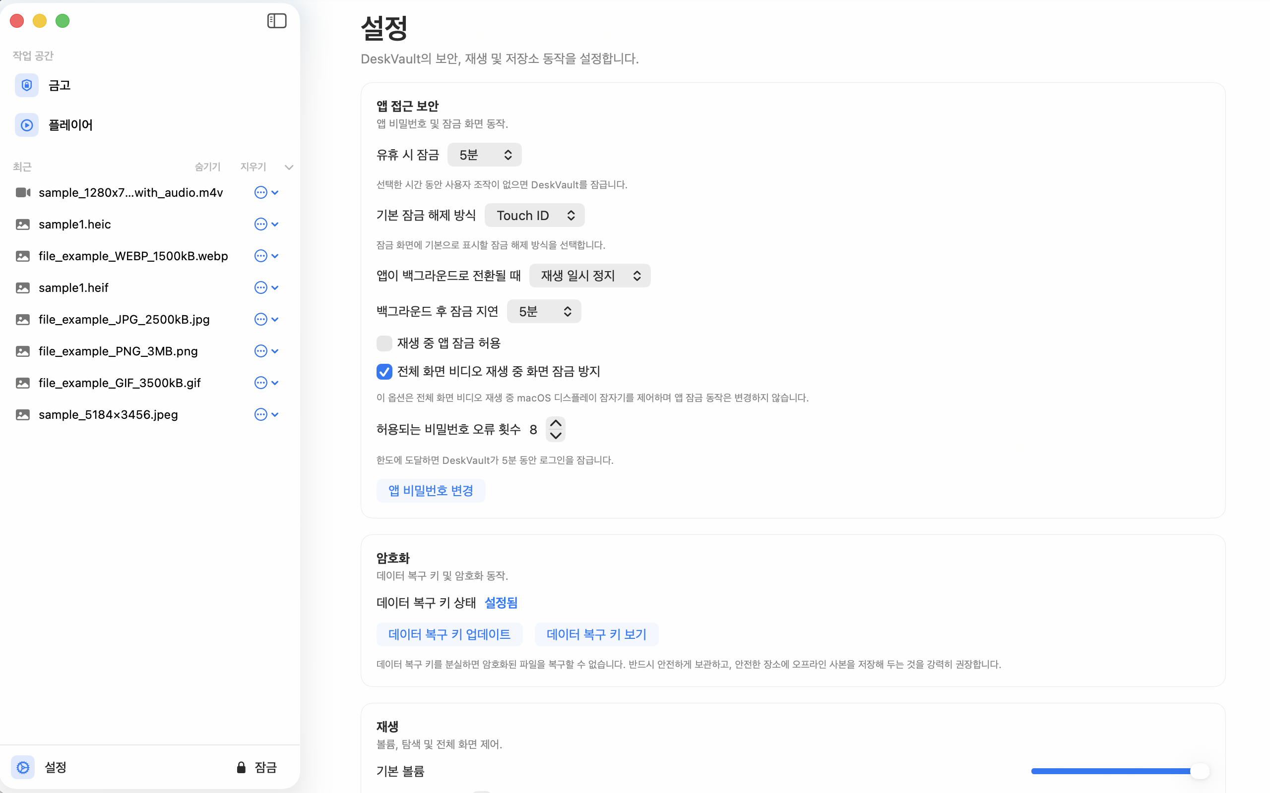 DeskVault 보안 설정. 자동 잠금과 재생 보호 옵션 표시