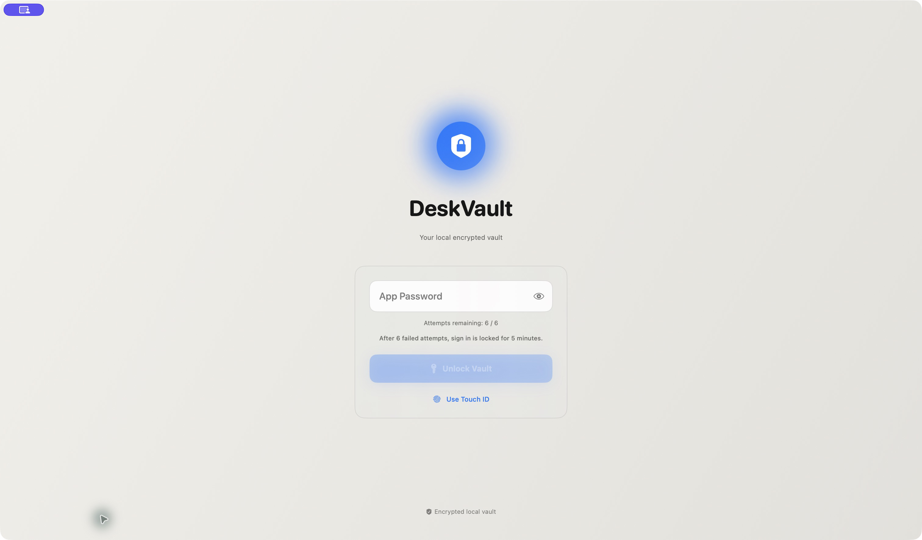 Current DeskVault lock screen with password field, Touch ID option, and failed-attempt limit